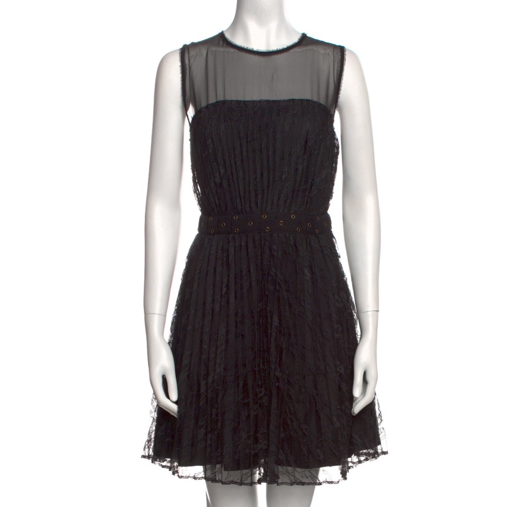 Diane von Furstenberg DVF Black Sheer & Lace Pleated Mini Dress Size 4